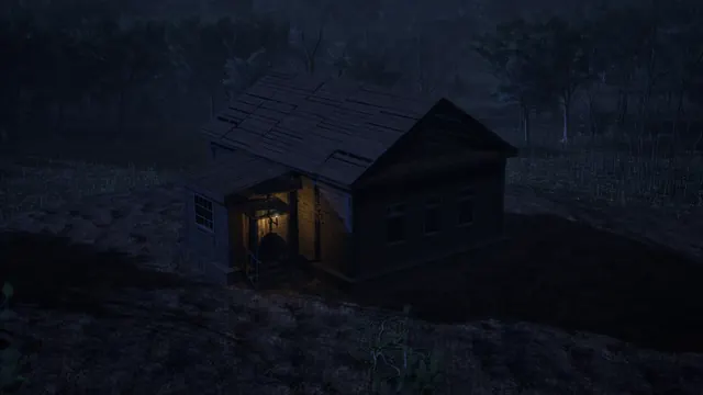 A house in the woods at night with a single lit window