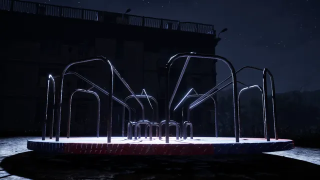 Rusty roundabout on a playground at night
