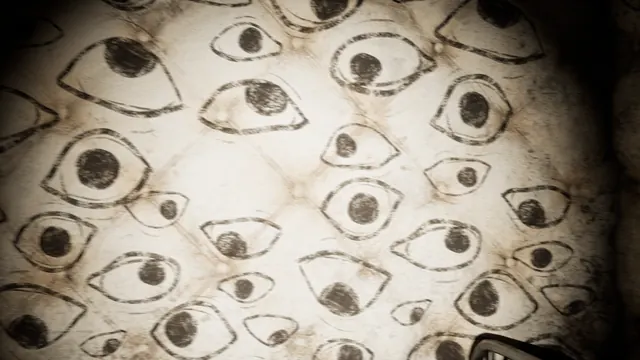 A wall covered in painted eyes